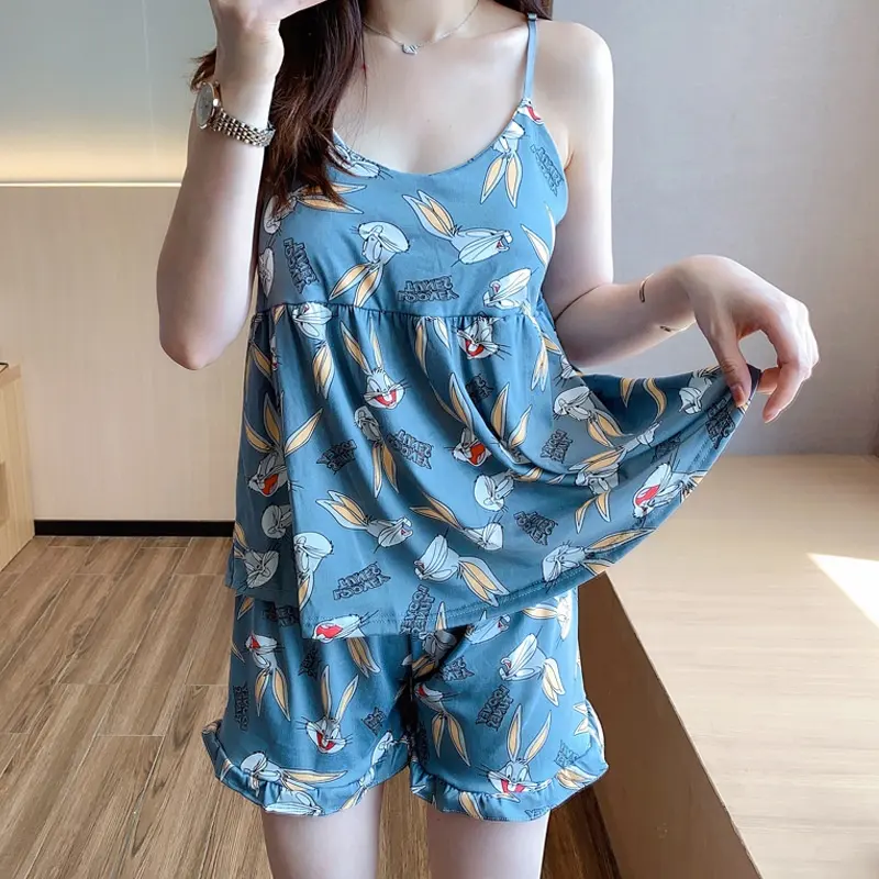 Hot Bán Mùa Hè Phụ Nữ Đồ Ngủ In Satin Treo Váy Quần Short Đồ Ngủ Nhà Dịch Vụ Phù Hợp Với