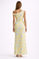 Robe longue élégante pour femme, coupe ajustée, imprimé floral jaune, épaules dénudées, idéale pour l'été, la plage ou les soirées, personnalisable OEM