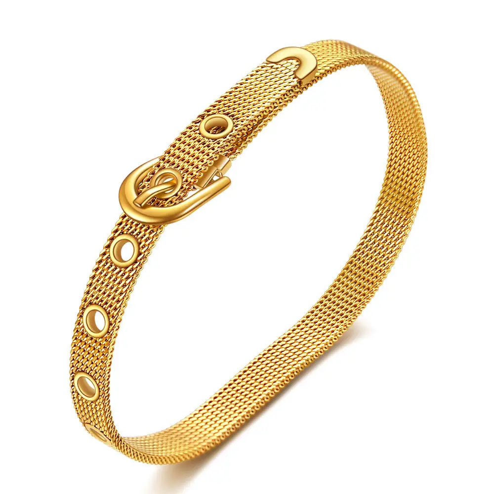 2021 neue Produkt Edelstahl 18K Gold Einstellbare Mesh Gürtel Armband Vintage Trendy Unisex Strap Gürtel Schnalle Mesh Armband