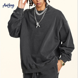 Wholesale <b>Men</b> 380G Solid Knit Sweatshirt Heavyweight Vintage Washed Oversized Crewneck Streetwear Supplier OEM Top Wear Bulk - Product Image 1