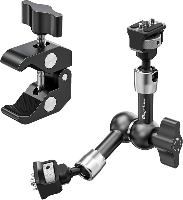 MagicLine 7" Articulating Magic Arm with Super Clamp & 1/4" 3/8" ARRI Pins for DSLR Action Camera Video Light LCD Monitor