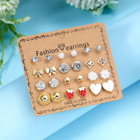 Anting-anting Korea Kreatif 12 Pasang, Bertabur Zirkon Kristal, Motif Bunga Cinta Berbentuk Hati, Lapisan Emas, Alloy, Tren Wanita