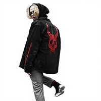 Veste en jean noire pour homme, style punk, manches longues, broderie tête de mort rouge, streetwear d'automne, coupe ample, simple boutonnage