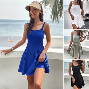 Robe débardeur sportive côtelée sans manches à col rond coupe trapèze 2026 pour la gym, le tennis et les vacances, avec sous-vêtements intégrés - Product Image 2
