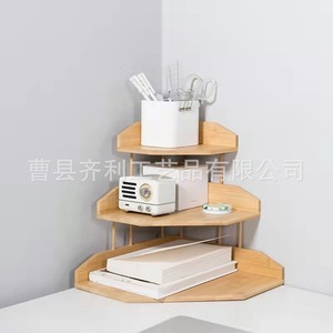 Organisateur de bureau d'angle en bois massif à trois niveaux, étagère de rangement autoportante polygonale pour l'organisation du bureau - Product Image 1