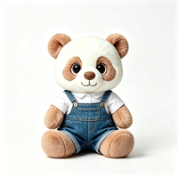 Adorable peluche panda brun clair, jouet en peluche doux et moelleux, panda en peluche avec salopette en jean, compagnon de confort, souvenir, jouet en peluche panda
