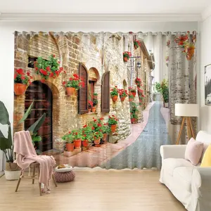 Europese Street View Alley Polyester 3d Landschap Bloemen Foto Oxford Verduisteringsgordijn Voor De Woonkamer