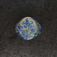 Anillo de Joyería de Acero Inoxidable Esmaltado Personalizado con Bisel de Cuarzo Azul, Diseño Floral, Chapado en Oro de 18K, Lujoso, Moderno y Vintage
