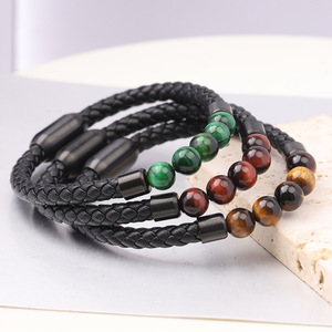 Tiger Eye Leather <b>Bracelet</b> 6mm Beaded Woven Magnetic Bangle Unisex Gift Jewelry - Product Image 1
