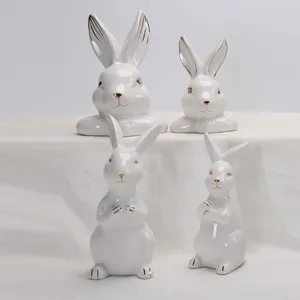 Spring Easter Decor Home Desktop Decor White Ceramic Rabbit Figurines Statue Set