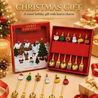 Ensemble de couverts de Noël pour enfants, cuillère à café et fourchette à dessert en acier inoxydable, style Noël, avec boîte cadeau