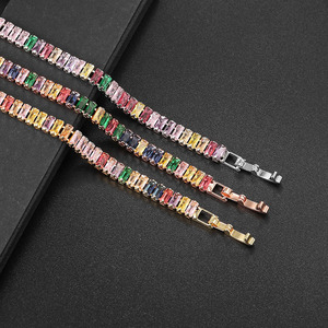 Nuevo Brazalete de Moda Chapado en Oro de 18k con Circonitas Cúbicas Rectangulares de Colores, Brazalete de Cadena de Tenis con Cristales de Arcoíris para Mujer - Product Image 5