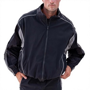 Men's Black Sporty <b>Track</b> <b>Jacket</b> With White Trim Stand Collar Zipper Front Breathable Polyester Outer Wear Set - Product Image 5