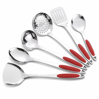 Ensemble d'ustensiles de cuisine écologiques 6 pièces en acier inoxydable 201 poli miroir, avec poignées rouges à prise souple : spatule, louche, spatule à retourner, écumoire