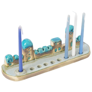 Candelabro personalizado hecho a mano para toda la familia, casa pequeña <span class=keywords><strong>de</strong></span> cerámica turquesa, Hanukkah menorah - Product Image 3