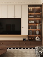 Meuble TV moderne sur mesure, console TV en bois blanc et noyer avec rangement intégré et éclairage LED