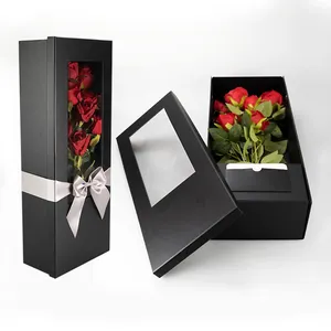 صندوق هدايا زهور قابل للطي مع نافذة صندوق تعبئة شفاف لزهور عيد الحب مستلزمات متجر باقة الزهور