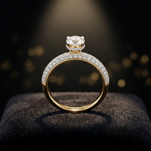 Luxury IGI Certified Lab Grown Round Diamond Solitaire Ring with Double <b>Row</b> Pave Band in 10K 14K 18K Gold 925 935 Silver - Product Image 3