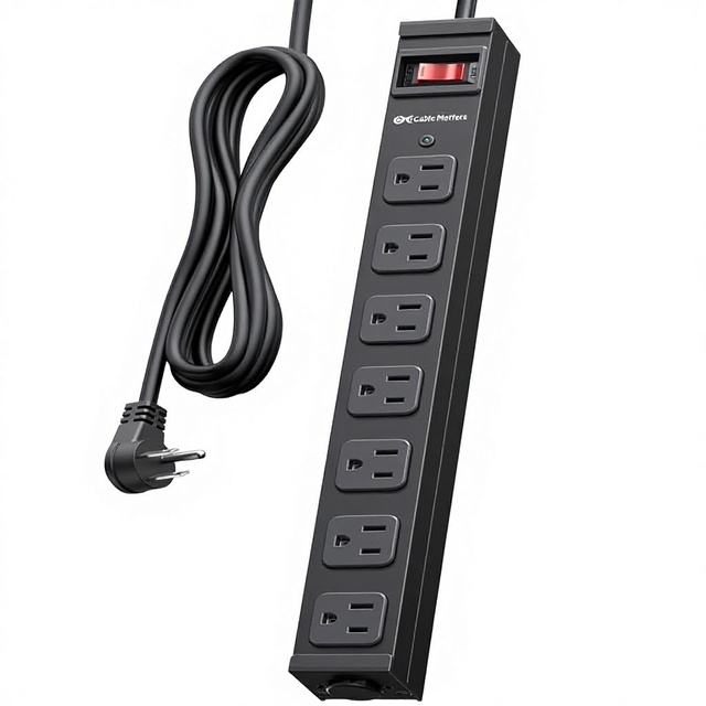 Wall-Mountable PDU 8-Outlet 8ft Cord Metal Surge Protector 15A Circuit Breaker Industrial Power Strip