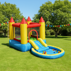 <span class=keywords><strong>Château</strong></span> gonflable 2 en 1 avec toboggan et piscine à jets d'eau, filet de sécurité et conception anti-renversement - Product Image 1