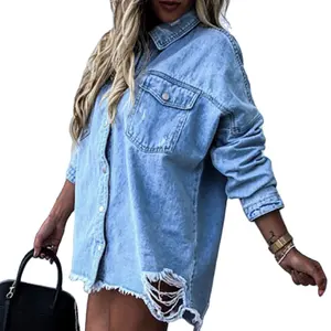<span class=keywords><strong>Camicia</strong></span> in <span class=keywords><strong>Jeans</strong></span> <span class=keywords><strong>Jeans</strong></span> strappati larghi da <span class=keywords><strong>donna</strong></span> a maniche lunghe blu autunno inverno - Product Image 1
