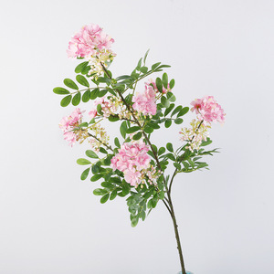 Bunga buatan cabang panjang bunga sakura liar dengan daun dan bunga kecil, bunga Mimosa realistis