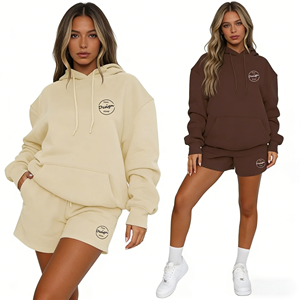 Conjunto de sudadera con capucha y pantalones de chándal de felpa personalizados con serigrafía, de dos piezas, cálidos, de algodón grueso, oversize para mujer - Product Image 1