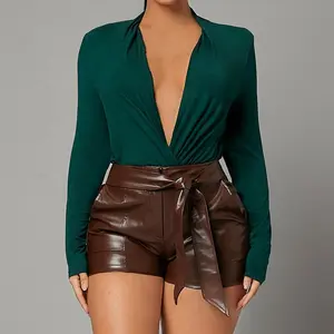 2022 spring and summer new European and American deep V-neck shoulder pads long-sleeved shirt one-piece top