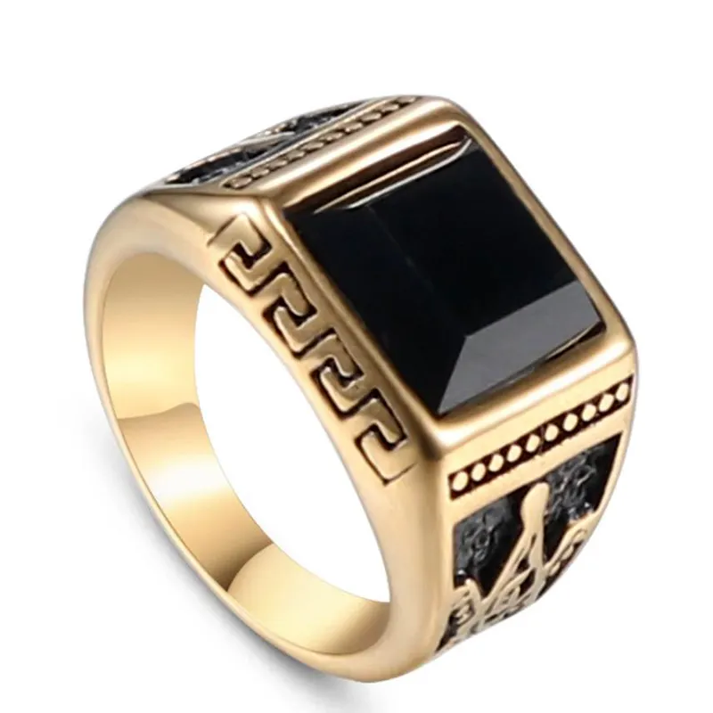 Men's Gold Freemason Thumb Ring Design With One Black Stone