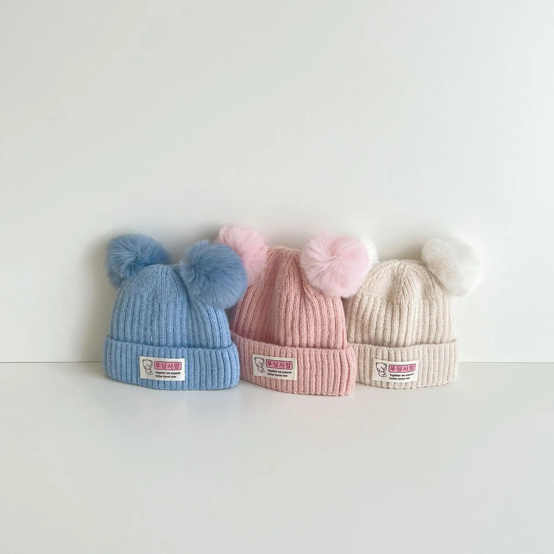 बड़ा डबल Pompom टोपी के लिए बच्चे सर्दियों के गर्म बुना हुआ टोपी शिशु लड़कियों बेनी टोपी बच्चा लड़कों टोपी ठोस रंग सामान 0-3Y