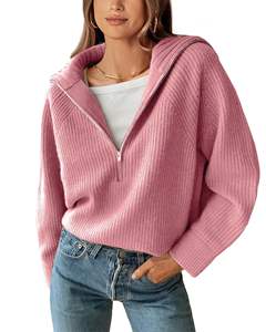Women Casual Long Sleeve Half Zip Pullover Sweaters Solid V Neck Collar Ribbed Knitted Loose <strong>Slouchy</strong> <strong>Jumper</strong> Tops - Product Image 5