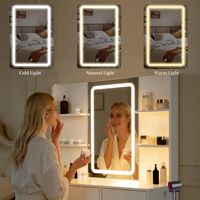 Coiffeuse LED blanche avec miroir haute définition à trois couleurs et intensité réglable, port de charge USB, tabouret moderne pliable en MDF, double couche