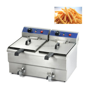 Mesa de acero inoxidable 2 tanques 2 cestas freidora eléctrica máquina freidora de pollo para la venta - Product Image 1