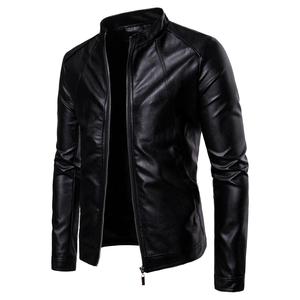 Veste en cuir PU de moto motard classique de haute qualité pour hommes manteau d'hiver teint uni et enduit - Product Image 4