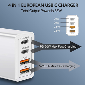 Cargador USB C Justlink de 55W, 4 Puertos (2C+2A), Adaptador de Pared de Carga Rápida PD20W, Juego de Enchufes de Viaje para Laptop, Tablet, <span class=keywords><strong>iPhone</strong></span>, Samsung - Product Image 3