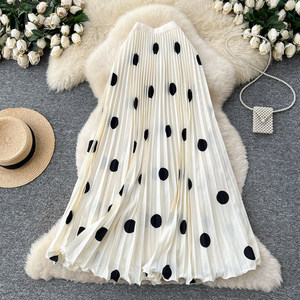 เดรสยาวทรงเอไลน์เอวสูงสไตล์วินเทจลายจุดจีบระบายหรูหราสำหรับผู้หญิง ช่วยพรางหุ่นให้ดูเพรียวบาง - Product Image 3