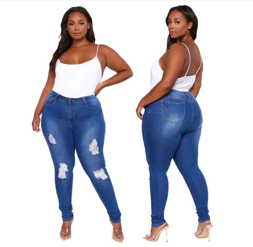 Hot Jual Sempit Bawah Robek Ukuran Besar Wanita Jeans Plus Ukuran 5XL Denim Elastis Biru Wanita Celana Jean