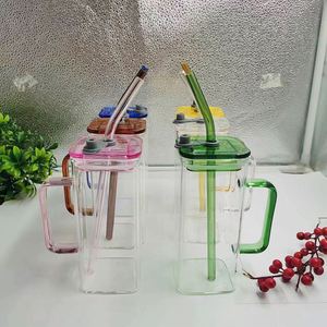 400Ml Square Eco-Friendly Modern <b>Mug</b> Straw Bamboo <b>Lid</b> Handle High Borosilicate Glass Transparent Custom Logo Party Use - Product Image 3