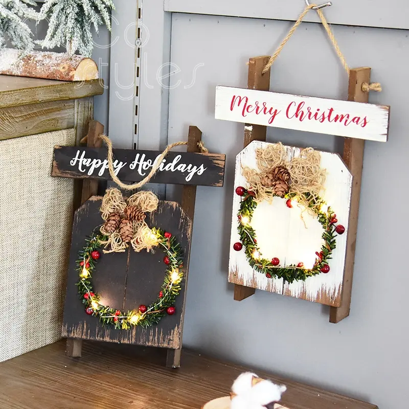 Casinhos de madeira decorativos, enfeites de madeira do casco em bespoke com pinha para decoração de natal ao ar livre 2019
