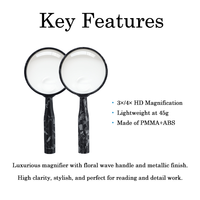 Classic PMMA Handheld Magnifier with Floral Wave Handle and 75mm Lens for Stylish Detail Viewing