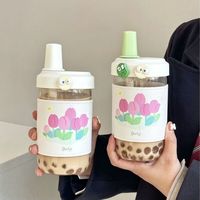500ML tulipe personnalisé couleur Logo en plastique gobelet à eau fête voyage tasse à café dessin animé mignon lait tasse à thé avec couvercle en paille