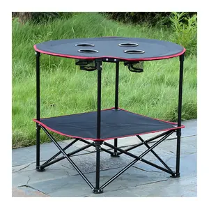 OEM Lightweight Foldable Food Basket Metal Outdoor Folding Round Hole Coffee Picnic Beach Camp Cloth Tables With Cup Holder