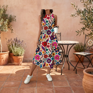 Nouvelle Collection Été Vintage : Jupe Longue Imprimée Florale, Coupe Trapèze, 100% Polyester, Col Rond, Idéale pour les Vacances - Product Image 3