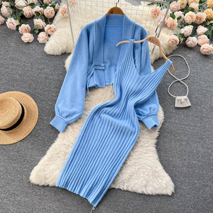 Autumn <strong>Winter</strong> Small Perfume Wind Knitting Suit Female Short Sweater Shawl <strong>Coat</strong> Halter Cami Suspender Dress Two Piece <strong>Set</strong> - Product Image 2