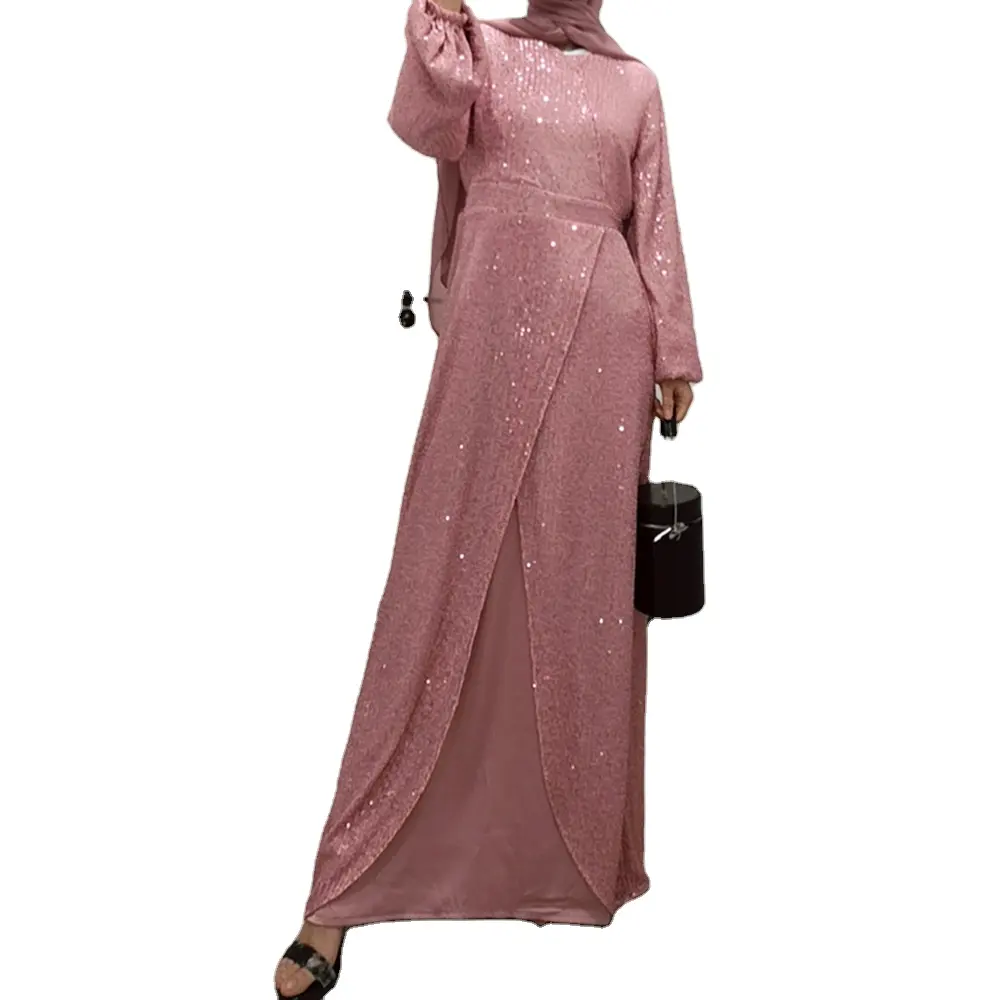 दुबई मलेशिया यूएई नई आने वाली शुद्ध गुलाबी चमकदार लंबी शैली की क्लासिक मुस्लिम पोशाक अबाया