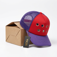 Casquette de baseball de luxe personnalisée avec logo rouge et violet, style camionneur, dos en maille, grande ouverture frontale, 5 panneaux, respirante, pour homme