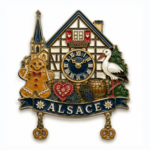 Aimant de réfrigérateur en métal émaillé, souvenir de l'<span class=keywords><strong>Alsace</strong></span>, France, de qualité supérieure, motif chalet et horloge coucou, cadeau touristique - Product Image 1