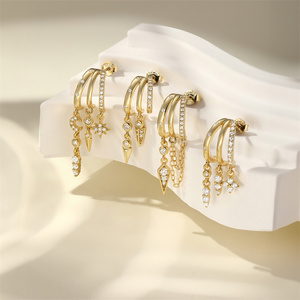 Boucles d'oreilles pendantes en forme de C avec étoile et lune en argent sterling S925 plaqué or 18 carats et zircon cubique pour femme - Product Image 1