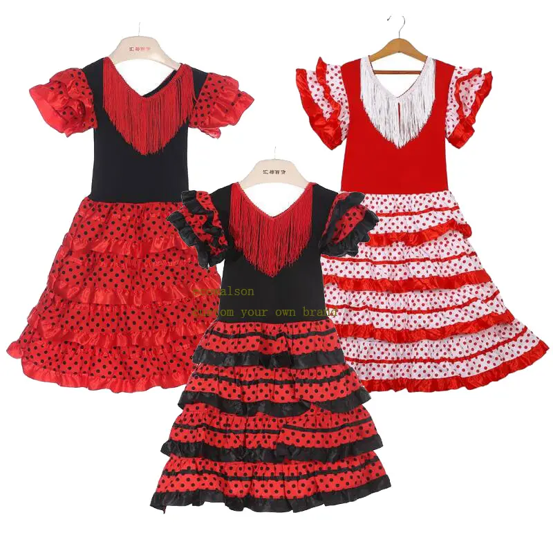 Vestido Ecoparty tradicional de baile español para niñas, vestido de lunares con borlas, falda clásica de estilo gitano Flamengo para niños