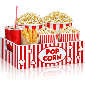 Caja de almacenamiento para palomitas de maíz, bandeja para aperitivos de fiesta a rayas rojas y blancas con asa para noche de cine, para guardar palomitas de maíz, dulces y bebidas - Product Image 1